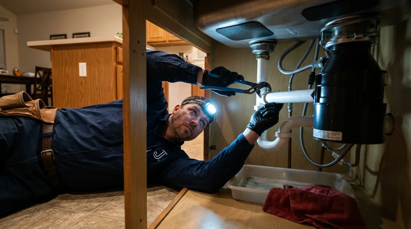 P-trap and supply line connections under a kitchen sink showing a common leak point in Florence, WI